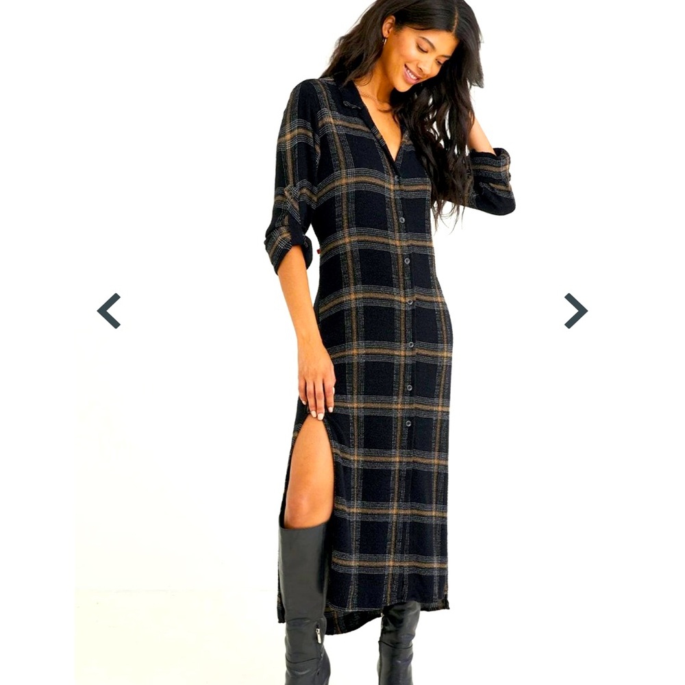 Bella Dahl Duster Dress Black Honey Plaid Knit Casual sz M